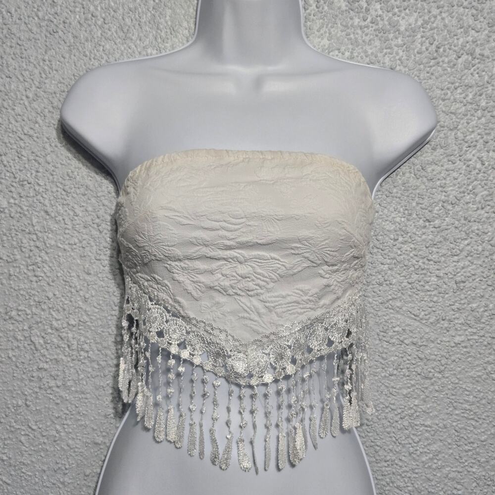 Womens White Textured Lace Fringe Bandeau Scarf Top Size XS Boho Festival Summer